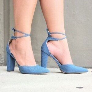 Blue Denim Point Toe Block Heel Ankle Strap Women’s Shoes
